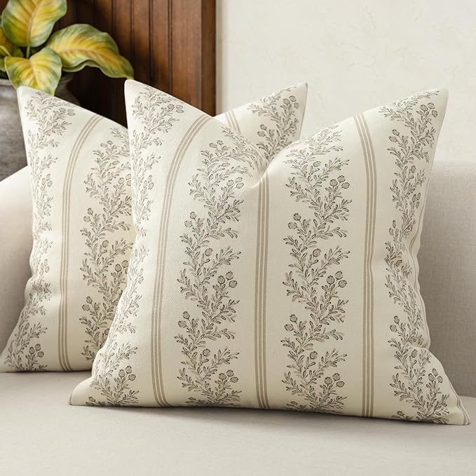 Vintage Throw Pillow Covers 24x24 Set of 2, Striped Floral Pillow Cover Botanical Patterned Decorative Cushion Covers Modern Farmhouse Home Decor for Sofa Couch Bed Living Room, Light Brown