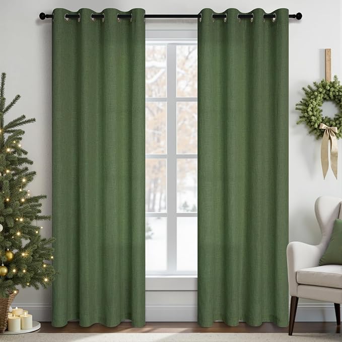 Pitalk Olive Green Linen Curtains 108 Inch Extra Long for Large Window 2 Panels Grommet Boho Bohemian Drapes Light Filtering Sheer Emerald Loden Green Curtains for Living Room Dining Bedroom 9 FT Tall