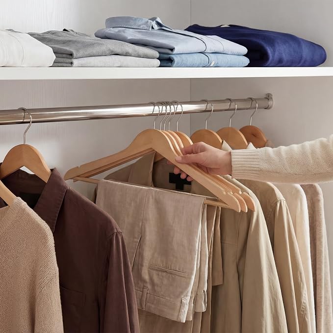 StorageWorks Wooden Hangers 30 Pack, Wood Coat Hangers for Closet, Heavy Duty Clothes Hangers for Suits, Shirts, Pants, Jackets, Natural Wood Color