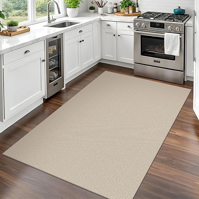 EARTHALL Woven Area Rug 3x5 Ft Washable Rugs for Entryway Braided Non Slip Rubber Backed Throw Rugs Door Mat Indoor Outdoor Entrance Cotton Carpet for Kitchen Foyer Front Door, Beige/Ivory