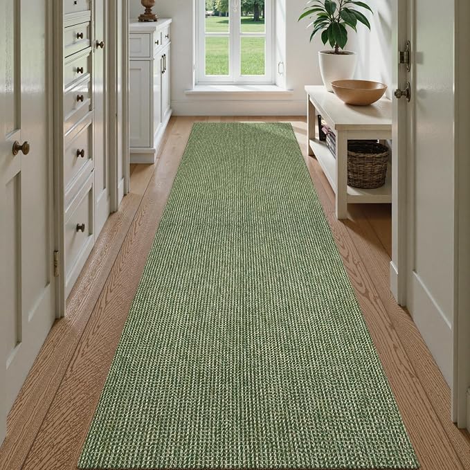 Uphome Kitchen Runner Rug, 2'6x10 Washable Boho Rug Runners for Hallways Non Slip, Low Pile Woven Cotton Modern Carpet Runners, Stain Resistant Bedroom Runner Rug for Hallway Entryway Entrance, Green