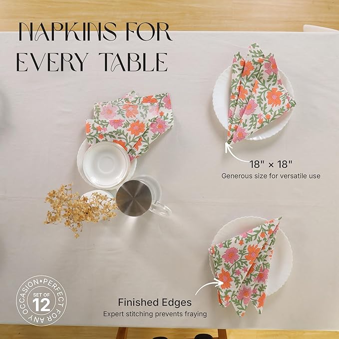 Floral Cloth Napkins Set of 12, 100% Cotton Reusable Dinner Napkins, Block Print Inspired, 18 x 18 Inch Table & Kitchen Napkins for Everyday Dining & Entertaining, Cream Floral