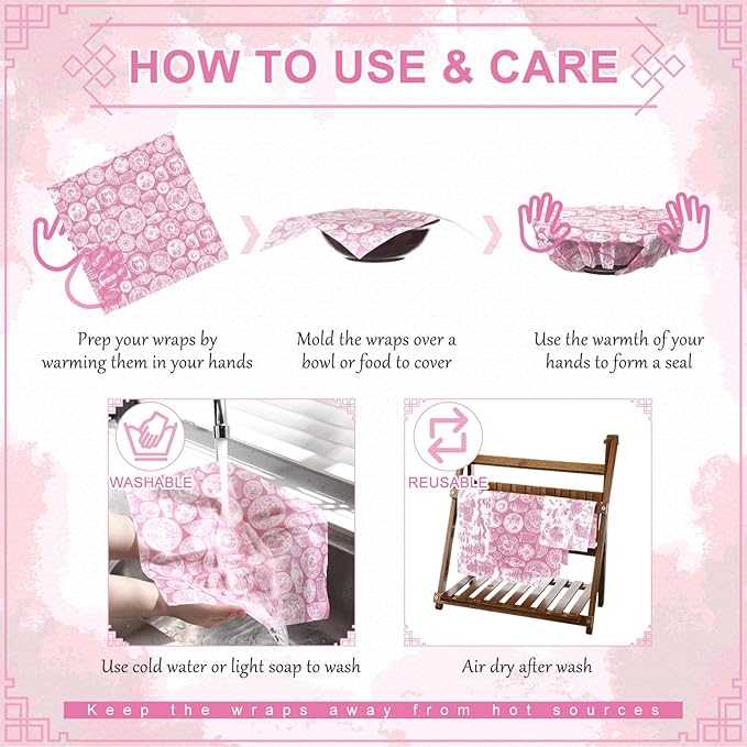 Tigeen 9 Pack Reusable Beeswax Wrap for Food Chinoiserie Beeswax Paper for Sourdough Bread Cheese Paper Wrapping Wax Cloth Food Wraps Bread Sandwich Wrapper 1 XL 3 Medium 5 S(Pink,Chinoiserie)