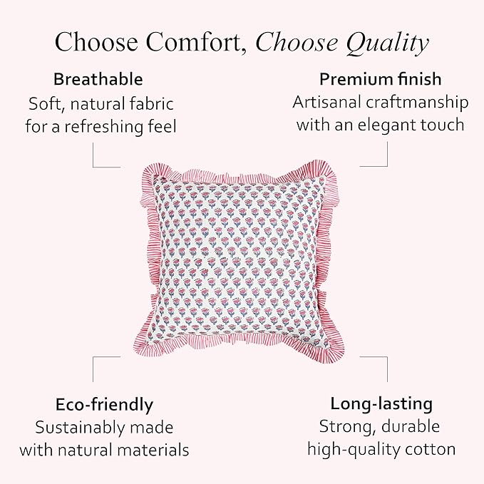CPC Pink Sapphire Ruffle Throw Pillow Covers for Couch, 20x20 Inch Cotton Stripe Ruffle Couch Pillows for Living Room, Hidden 16 Inch Zipper Boho Pillow Case or Cute Outdoor Pillows