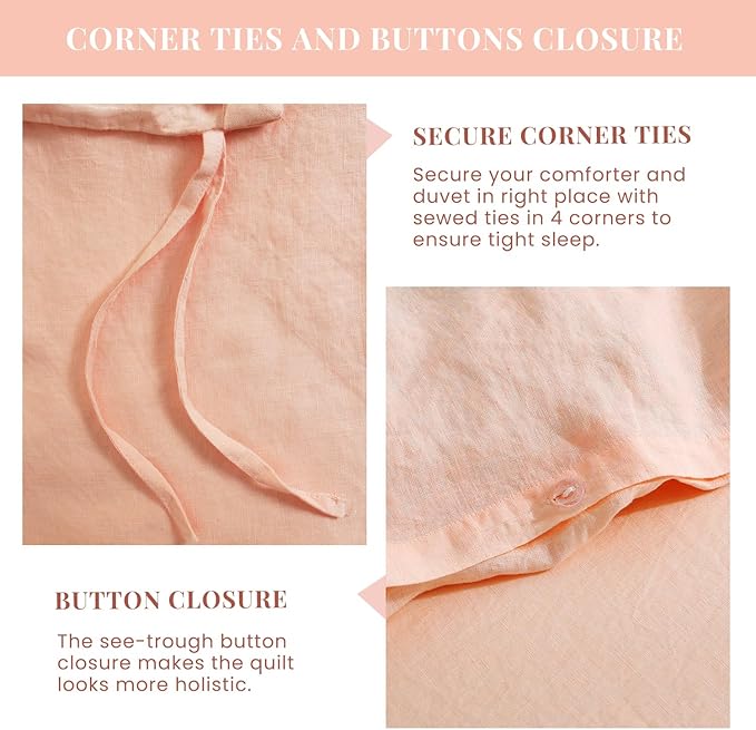 S VICTORY SYMBOL 100% Organic Linen Duvet Cover Set 3 Pieces,Pure Natural French Flax Bedding Set,1 Comforter Cover and 2 Pillowcases,Solid Color Bedding Full Size(Peach Pink)