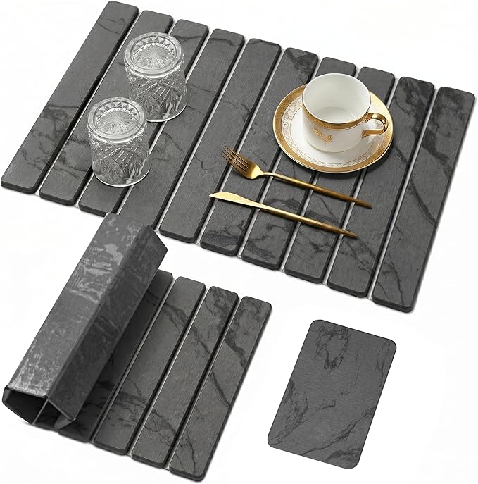 Large Stone Dish Drying Mat for Kitchen Counter,Natural Quick Dry Stone Dishes Mats,Foldable Water Absorbing Diatomaceous Earth Drying Organizer Pad for Kitchen Utensils(Dark Gray 24"×16" & 8"x4")
