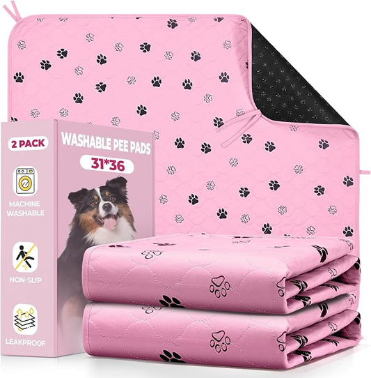 Fostanfly Washable Pee Pads for Dogs, 2 Pack Large 31"x36" Ultra-Absorbent and Leak-Proof Non-Slip Reusable Potty Training Pads for Dogs, Cats, Puppy, Potty of Add 8 Lanyards, Pink