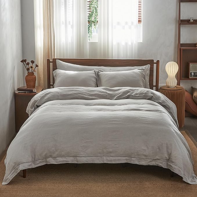 Simple&Opulence 100% Washed Linen Duvet Cover with Embroidered, 3 Pieces Soft Farmhouse Comforter Set with Button Closure,1 Duvet Cover and 2 Pillowshams(Full,Light Grey)