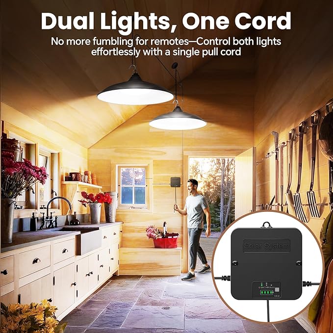 Solar Shed Light Indoor Outdoor, Dual Lamp 2000LM Daytime Available Pendant Light with Pull String, Dusk to Dawn, 3 Lighting Modes Solar Lights Indoor, Waterproof for Barn, Gazebo, Shop, Garage