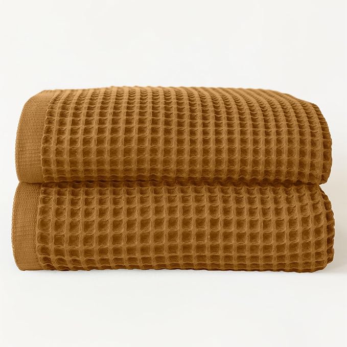 Premium Waffle Bath Towels Pack of 2 Extra Large 35x71 inch - 100% Turkish Cotton, Waffle Weave, Quick Dry, Lint Free, Oversized, Thin Bath Sheet Towel (Caramel, Set of 2 Bath Towels)