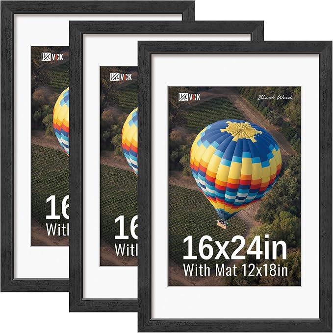 VCK 16x24 Picture Frame Black 3 Pack, Wide Border Solid Wood, Display 12x18 Photo with Mat or 16 x 24 without, for Home, Office, Gallery, Woodgrain Series, Wall Hanging
