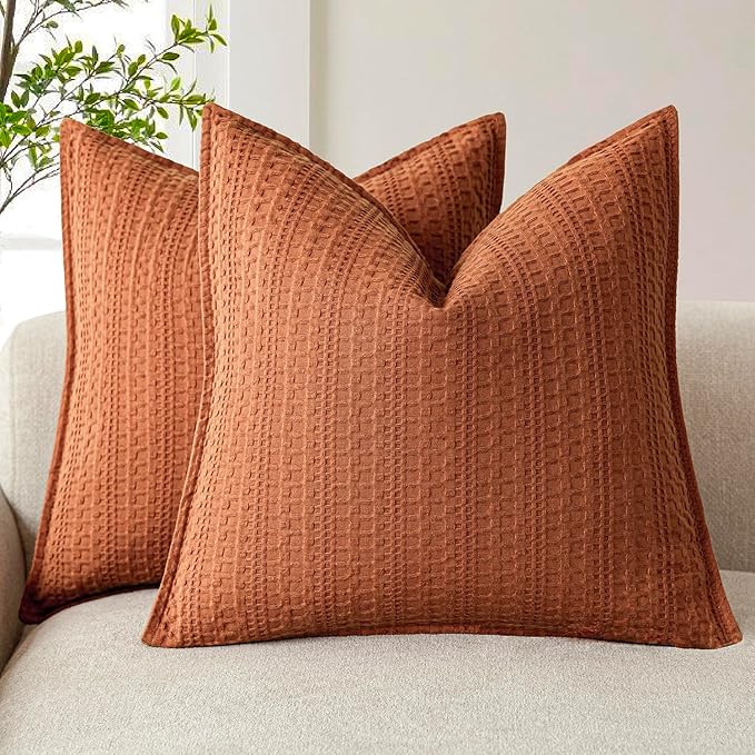 Foindtower Set of 2 Decorative Cotton Waffle Weave Throw Pillow Covers Euro Shams Cushion Covers Accent European Pillowcase for Bed Couch Sofa Bedroom Living Room Home Decor 20×20 Inch Burnt Orange