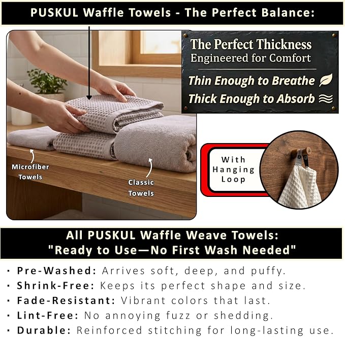 PÜSKÜL Natural 100% Turkish Cotton Waffle Bath Towels Set of 2-Piece | 32x63 inch Extra Large Absorbent Quick-Dry Lightweight Spa Towel | Luxury Sauna Accessories (Gray, Bath Towels - Pack of 2)