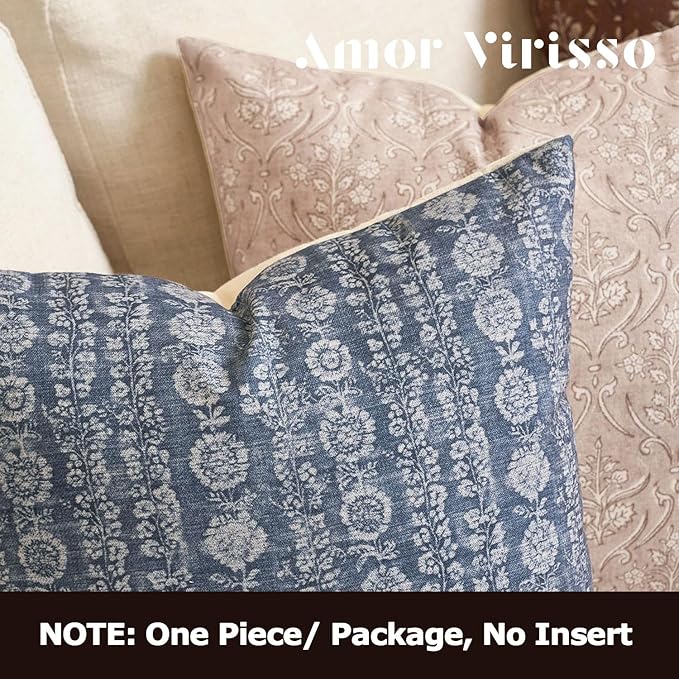 Amor Virisso Vintage Floral Throw Pillow Covers 20x20 Striped Farmhouse Block Print Pillow Cover Boho Neutral Decorative Pillows for Living Room Bed, Dusty Blue