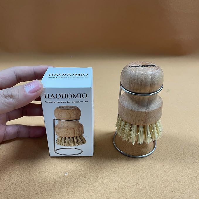 Natural Wooden Dish Brush Set with Drying Stand - Eco-Friendly Palm & Sisal Scrubber for Pots, Pans, Dishes, Kitchen Sink, Vegetables - Short Handle Pot Brush Cleaning Kit