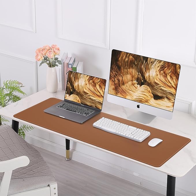 AFIING Leather Desk Pad Protector, Large Desk Mat with Natural Cork & PU Leather, Mouse Pad, Non-Slip Waterproof Desk Writing Pad for Office and Home (Brown)