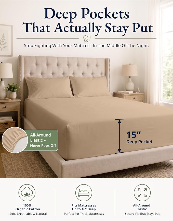 LANE LINEN King Fitted Sheet, 100% Organic Cotton, 3-Piece Set (1 Fitted Sheet,2 Pillowcases), Percale Weave, Ultra Soft, Breathable,Fits Mattress Upto 15" Deep - Taupe (No Flat Sheet)
