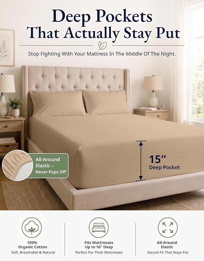LANE LINEN Twin Fitted Sheet Set (No Flat Sheet) - 100% Organic Cotton Soft & Breathable Percale Weave Fitted Sheet Set For Added Comfort - 15'' Deep Pocket For Snug Fit - GOTS Certified - Taupe