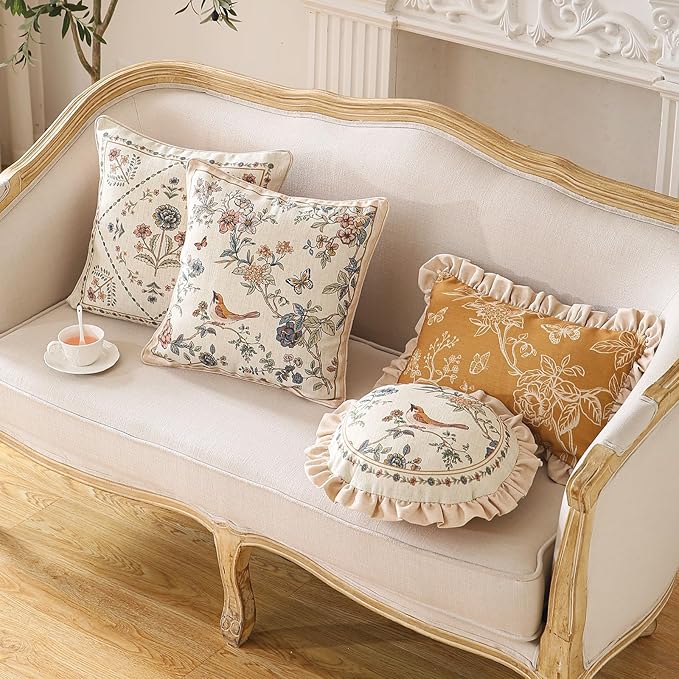 ISAENNE Design Square Floral Bird Linen Throw Pillow Covers 18"x18" Pack of 2, Yellow Pink Cushion Covers with Flower Chinese Hwamei Decor Pillowcases for Bed,Living Room,Outdoor,Car