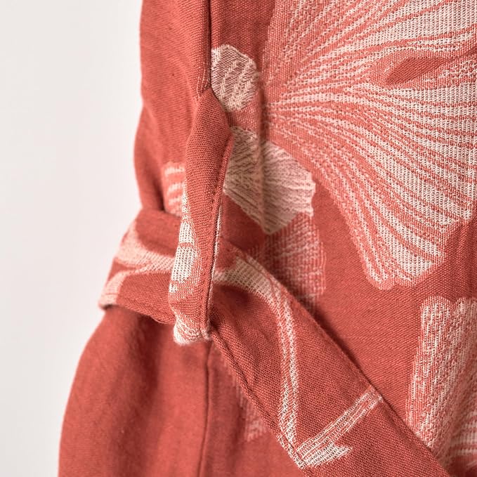 100% Cotton Gauze Ginkgo Leaf Kimono Robe, Long Knit Loose Bathrobe Nightgown Ladies Loungewear Sleepwear for Women