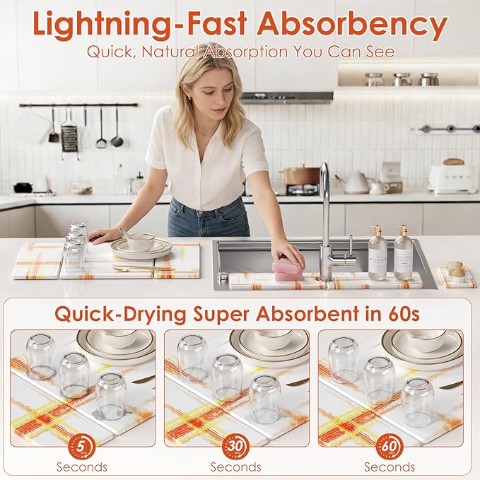 3 PCS Large Stone Dish Drying Mat for Kitchen Counter -24"x16" Absorbent Diatomaceous Earth Mat with Stone Faucet Mat & Soap Tray - Quick Dry, Collapsible, Non-Slip Countertop Organizer
