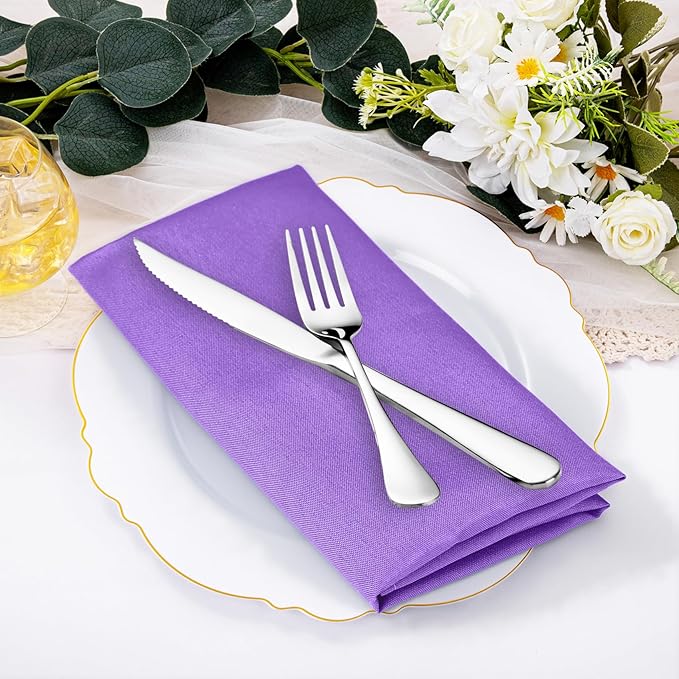 SuperO Set of 120 Cloth Napkins 17 x 17 Inch, Polyester Solid Washable Dinner Napkins with Hemmed Edges,Great for Restaurant, Wedding and Party(Purple)