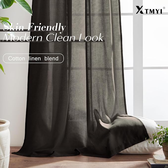 XTMYI Brown Linen Sheer Curtains for Living Room,Pleated Back Tab Light Filtering Curtain Drapes 90 Inches Long 2 Panels Set