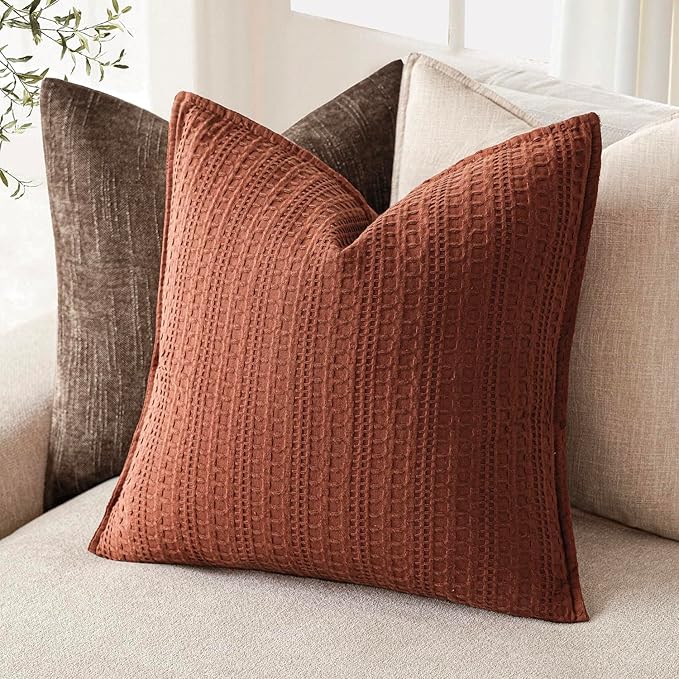 Foindtower Set of 2 Decorative Cotton Waffle Weave Throw Pillow Cover Euro Shams Cushion Covers Accent European Pillowcase For Bed Couch Sofa Bedroom Living Room Home Decor 26×26 Inch Fall Rust Orange
