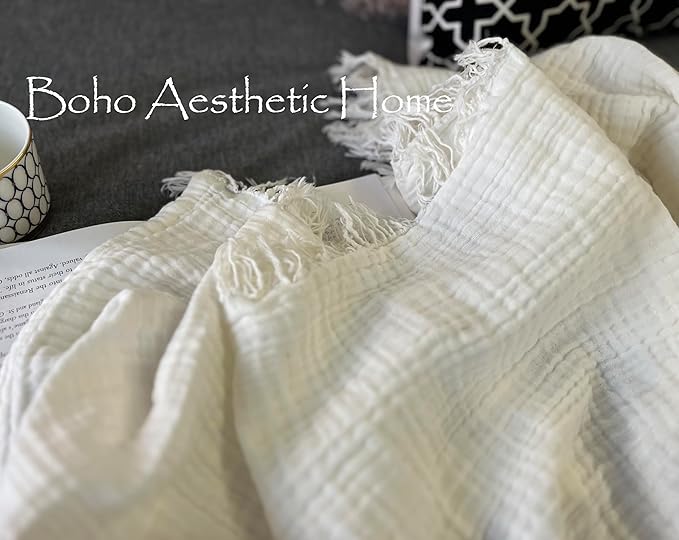 KyraHome 100% Cotton Muslin Blankets for Adults, Couch, 50"x60", Pre-Washed Plant Dyed, Breathable Lightweight Gauze Summer Throw Blanket, All Season (White)