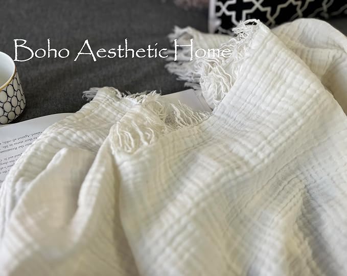KyraHome 100% Cotton Throw Blanket 60"x80" Large Muslin Blankets for Adults, Couch, Picnic, Travel, Plant Dyed Pre-Washed Breathable Lightweight Soft Summer Blanket, All Season, White