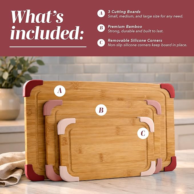 COOK WITH COLOR Non-Slip Cutting Board Set – Kitchen Essentials with Easy Grip Handle for Meat, Veggies, and Fruits, 3 Cutting Boards, Bamboo Non-Slip Rose