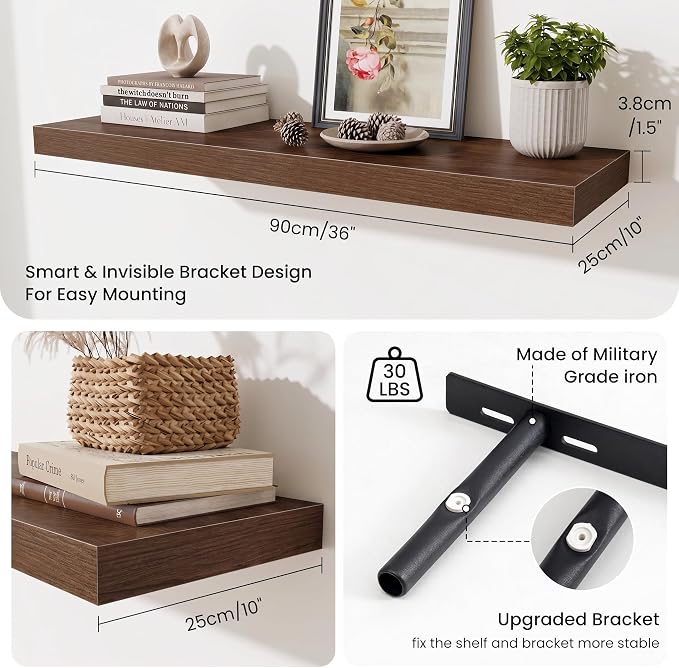 Fun Memories Floating Shelves for Wall 36 Inches, Wood Shelves with Invisible Bracket, 10" Deep Shelves Wall Mounted, Large Wood Floating Shelves for Living Room Bathroom, Walnut, Set of 2