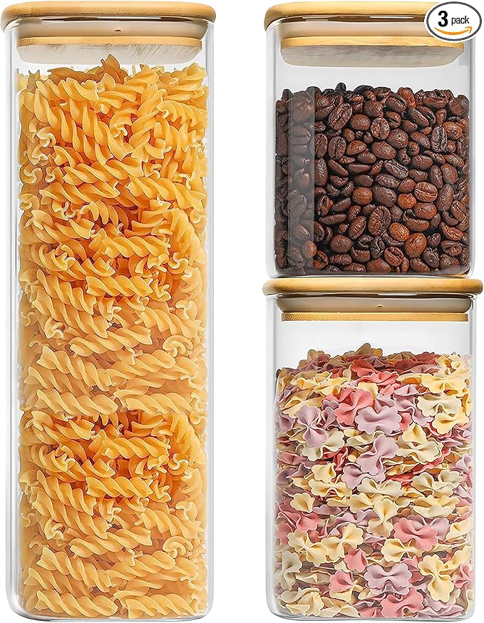 YMMIND Glass Food Storage Jars Set of 3 with Bamboo Lid Airtight Glass Storage Canister, Square Kitchen Clear Food Storage Container Jar, for Pasta, Coffee, Cookies, Nuts, Cereal, Oats, Flour