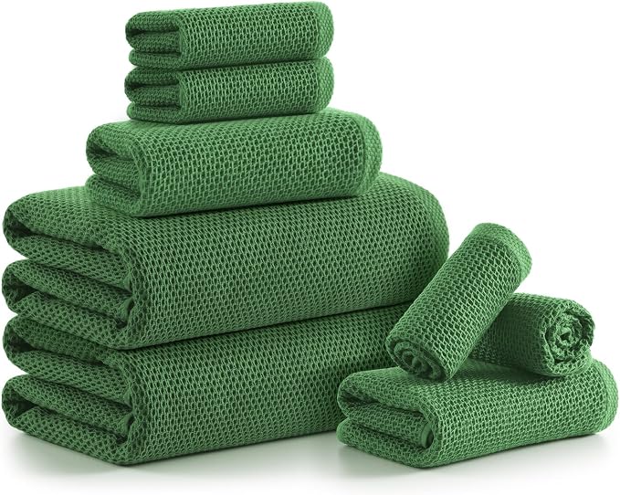 REDKISS Quick Dry Waffle Towel Set of 8, 100% Cotton,Lightweight & Highly Absorbent Waffle Towels for Bathroom, Spa, Gym, Pool-2 Bath Towels, 2 Hand Towels & 4 Washcloths,Green