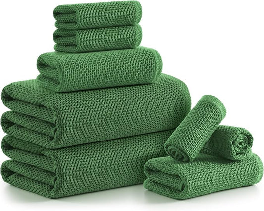 REDKISS Quick Dry Waffle Towel Set of 8, 100% Cotton,Lightweight & Highly Absorbent Waffle Towels for Bathroom, Spa, Gym, Pool-2 Bath Towels, 2 Hand Towels & 4 Washcloths,Green