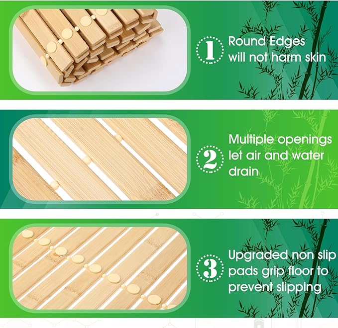 Bamboo Bath Mat Large Long Wood Bath Mat,16x48 Inch Non Slip Bamboo Shower Floor Mat Wooden Bathroom Mat for Bathtub,Spa,Door,Sauna or Outdoor (Natural Slat)