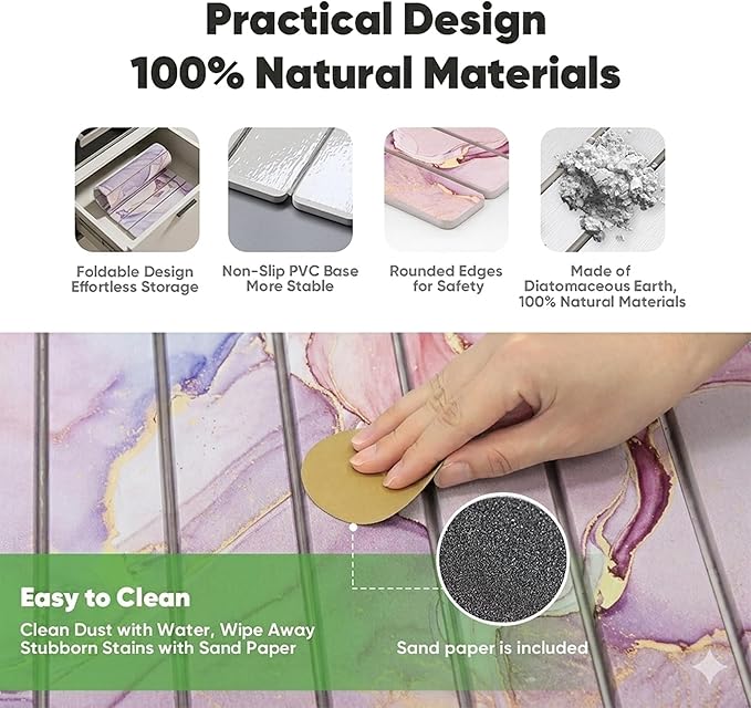 Stone Dish Drying Mat for Kitchen Counter - 24" x 16" Ultra Absorbent Diatomaceous Earth Mat, Foldable Fast Drying Countertop Protector, Non-Slip Eco-Friendly Stone Mat for Dishes