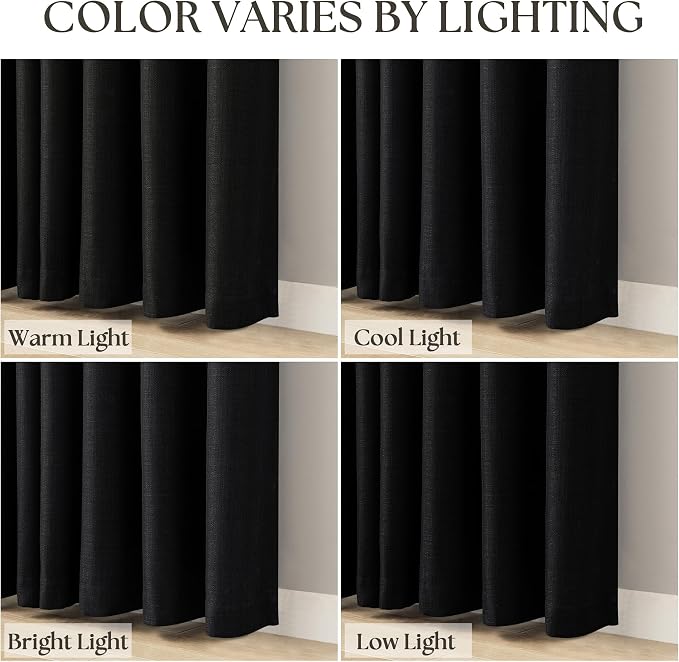 Black Bedroom Curtains 63 Inch Length 2 Panel Faux Linen Blend Privacy Light Filtering Semi Sheer Black Linen Drapes for Living Room Modern Farmhouse Grommet Window Curtain for Home Office 52x63