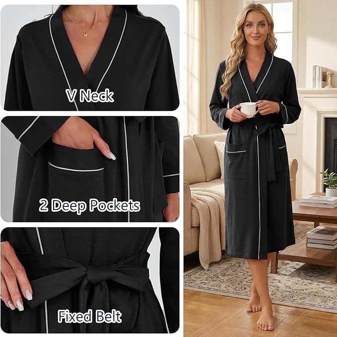 U2SKIIN Womens Organic Cotton Robe, Lightweight Long Kimono Bathrobe for Women, Soft Spa Lounge Sleepwear with Pockets