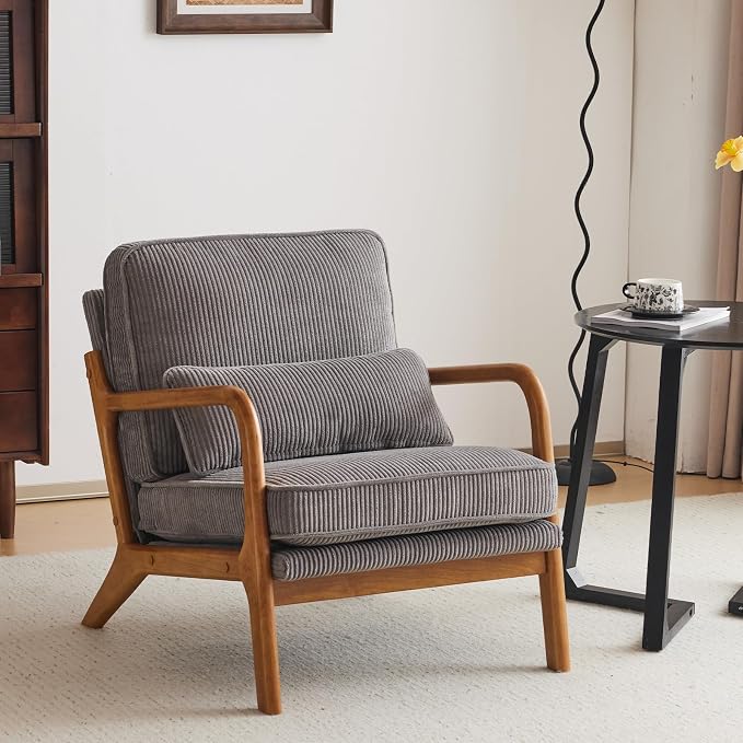Karl home Mid-Century Modern Accent Reading Chair, Grey | Corduroy Upholstered, Solid Wood Frame, Soft Cushion, Lumbar Pillow, Lounge Armchair for Living Room, Bedroom, Balcony, Study