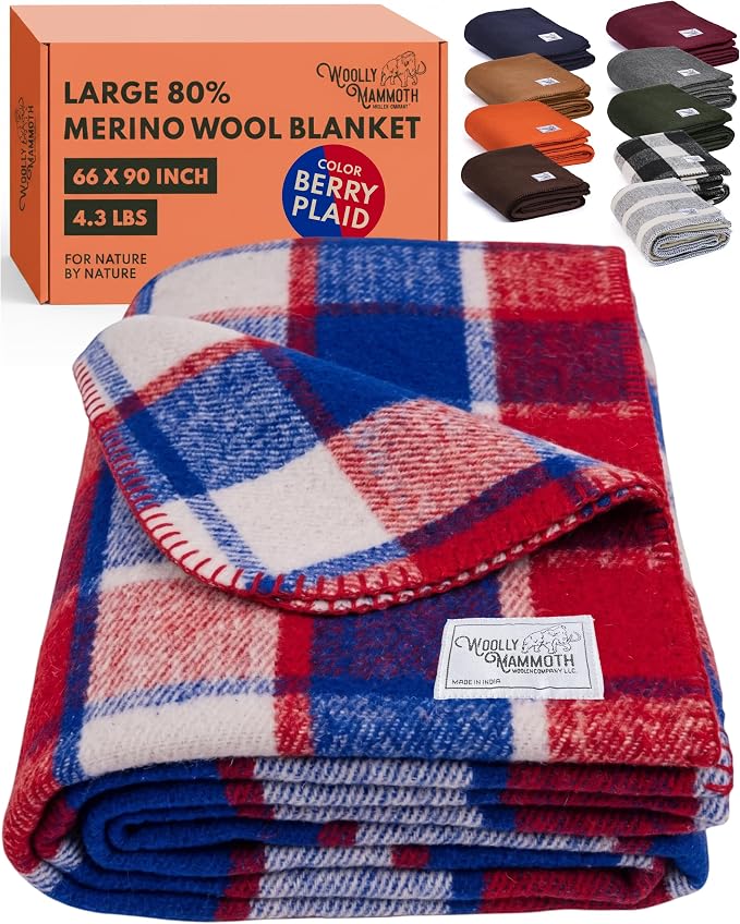 Woolly Mammoth Woolen Company Merino Wool Blanket, 66" x 90" Berry Plaid | Temperature Regulating - Fire-Resistant - Warm Camping Blanket for Car Emergency Kits, Picnics, Summer Festivals and Stadiums