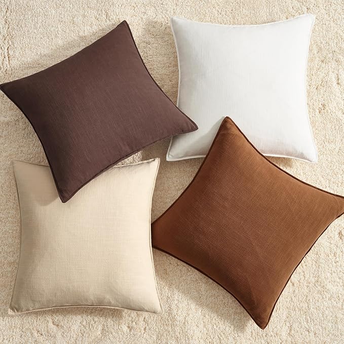 Brown Pillow Covers Pack of 4 Decorative Solid Fall Linen Throw Pillow Covers Soft Accent Boho Farmhouse Couch Pillowcases Modern Home Decor for Living Room Bed Sofa 18x18 Inch