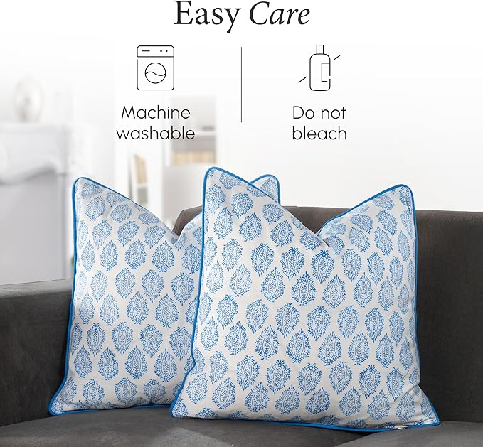 CPC 100% Cotton Throw Pillow Covers 18x18 Inch, Set of 2 Green Block Print Pattern Couch Pillow, Cute Boho Decorative Pillows for Living Room, Bedroom with Hidden Zipper- Royal Blue