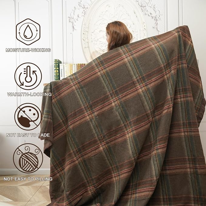 YOUR MOON 100% Pure Merino Wool Blanket King Size, Natural Australian Wool Blankets, Hypoallergenic Wool Blanket for Bed, Medium Weight(Plaid Brown, 90 * 108)