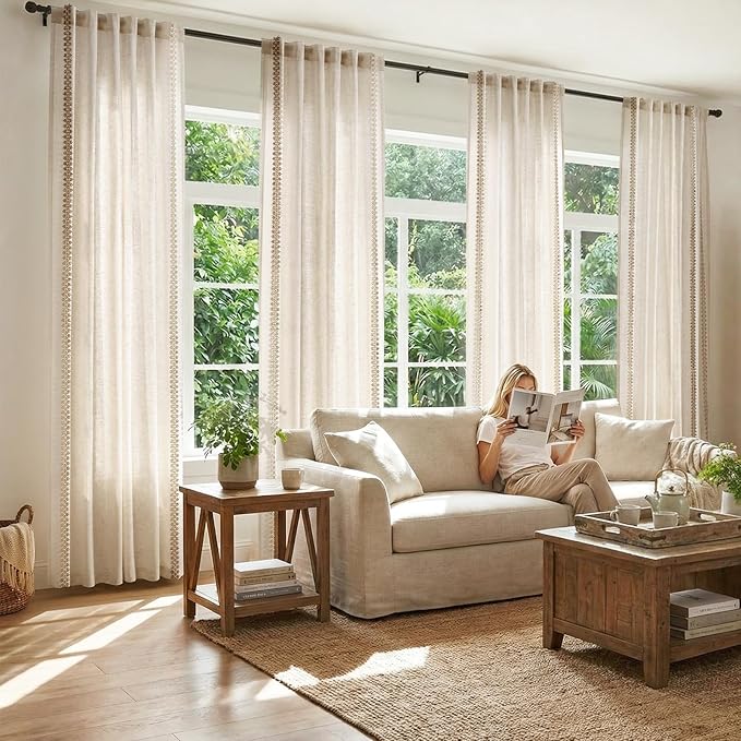 jinchan Beige Linen Blend Curtains with Woven Trim Boho Curtains 84 Inches Length 2 Panels for Living Room Bedroom Light Filtering 50 Inches Wide Rustic Farmhouse Drapes with Rod Pocket Back Tab Ecru