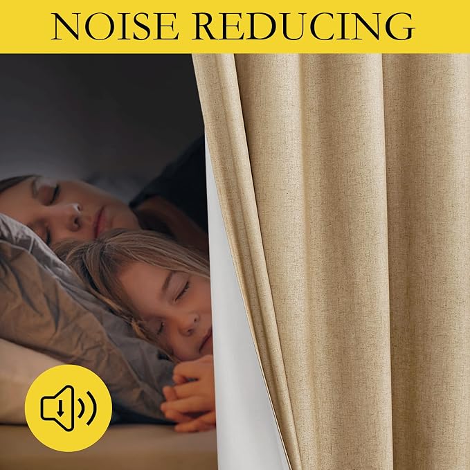 NICETOWN 100% Blackout Linen Curtains for Living Room with Thermal Insulated White Liner, Camel, 52" Wide, 2 Panels, 84" Long Drapes, Back Tab Retro Linen Curtains Vertical Drapes Privacy for Bedroom
