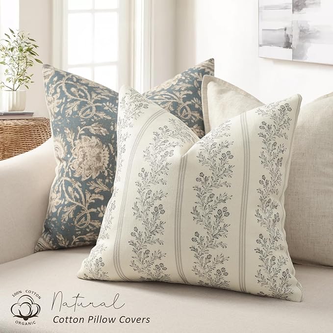 Vintage Throw Pillow Covers 22x22 Set of 2, Striped Floral Pillow Cover Botanical Patterned Decorative Cushion Covers Modern Farmhouse Home Decor for Sofa Couch Bed Living Room, Quiet Gray
