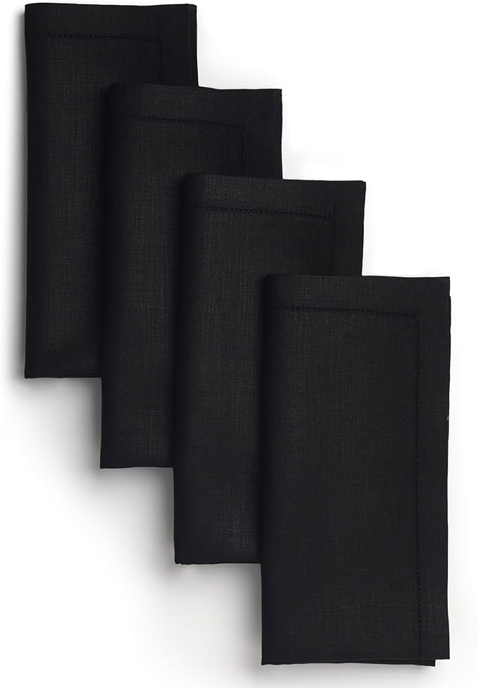 Signature Linen™ by D'Moksha Black Dinner Napkins Set of 4, 20 x 20 Inch Cloth Napkins, 100% Pure Linen, Hemstitch, Machine Washable Table Napkins- Summer, Father's Day