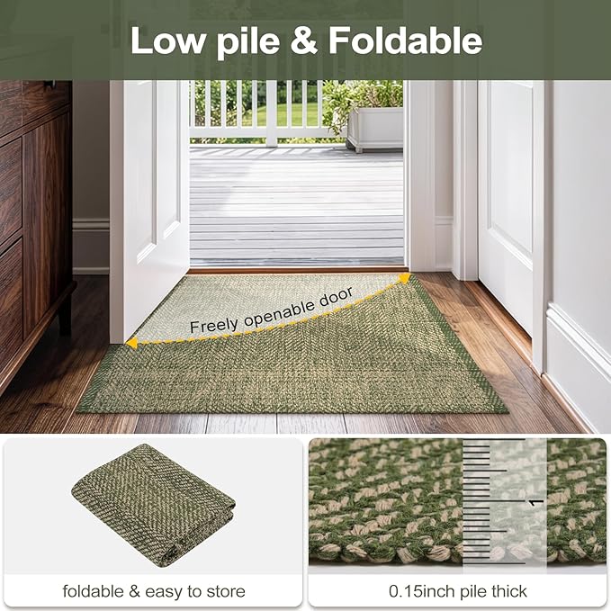 LEEVAN Washable Bathroom Rug, 2'x3' Low Profile Entryway Rugs Front Door Mat Cotton Reversible Kitchen Mat Boho Bedroom Rug Farmhouse Carpet for Foyer Front Porch Decor(Olive Green&Natural)