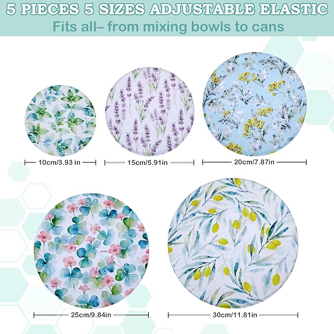 5-Size Reusable Beeswax Bowl Covers for Bread Proofing, Cotton Cloth Flexible Beeswax Wraps for Food Storage(Olive Branch)
